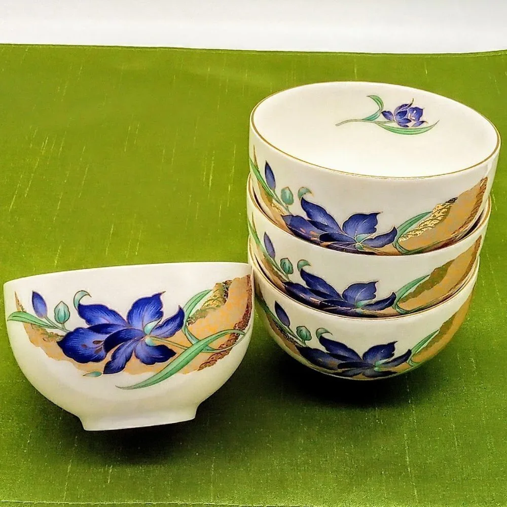 Set of 4 Japanese White Porcelain Hand-Painted Purple Orchid Gold Rim Cups